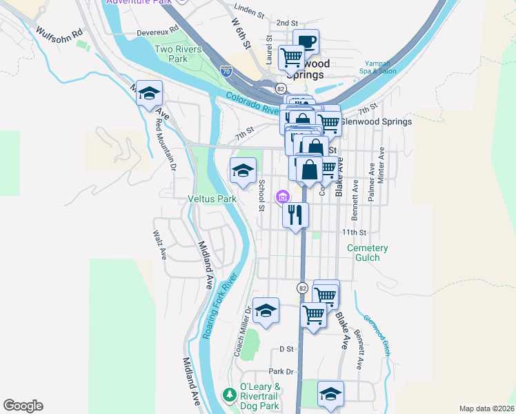 map of restaurants, bars, coffee shops, grocery stores, and more near 941 School Street in Glenwood Springs