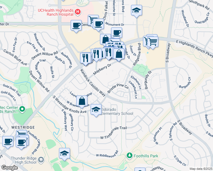 map of restaurants, bars, coffee shops, grocery stores, and more near 9499 Rockhurst Street in Highlands Ranch