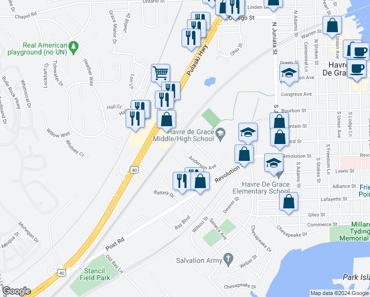 map of restaurants, bars, coffee shops, grocery stores, and more near 117 Anderson Avenue in Havre de Grace