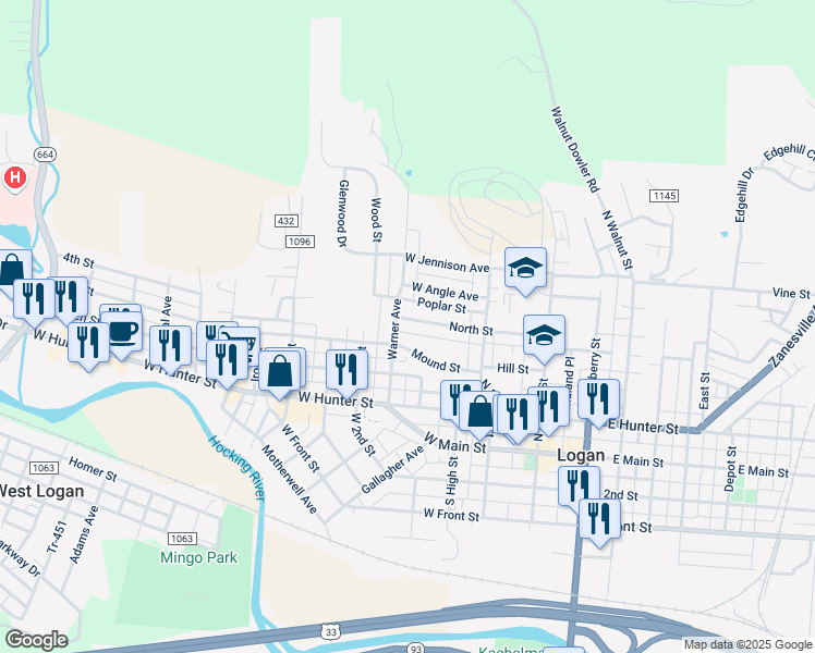 map of restaurants, bars, coffee shops, grocery stores, and more near 419 Warner Avenue in Logan
