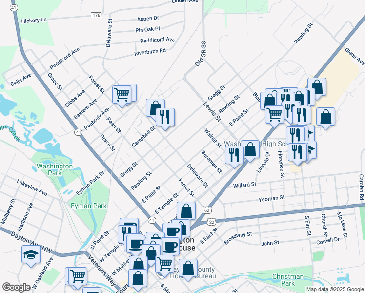 map of restaurants, bars, coffee shops, grocery stores, and more near 719 Rawling Street in Washington Court House