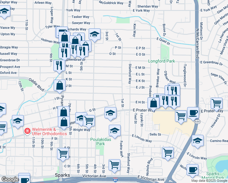 map of restaurants, bars, coffee shops, grocery stores, and more near 108 J Street in Sparks