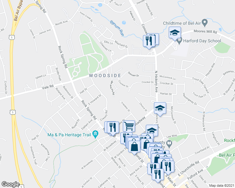 map of restaurants, bars, coffee shops, grocery stores, and more near 411 Signal Ct in Bel Air