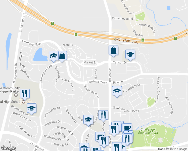 map of restaurants, bars, coffee shops, grocery stores, and more near 9591 Pearl Circle in Parker
