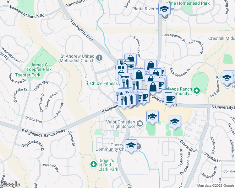 map of restaurants, bars, coffee shops, grocery stores, and more near 9457 South University Boulevard in Highlands Ranch