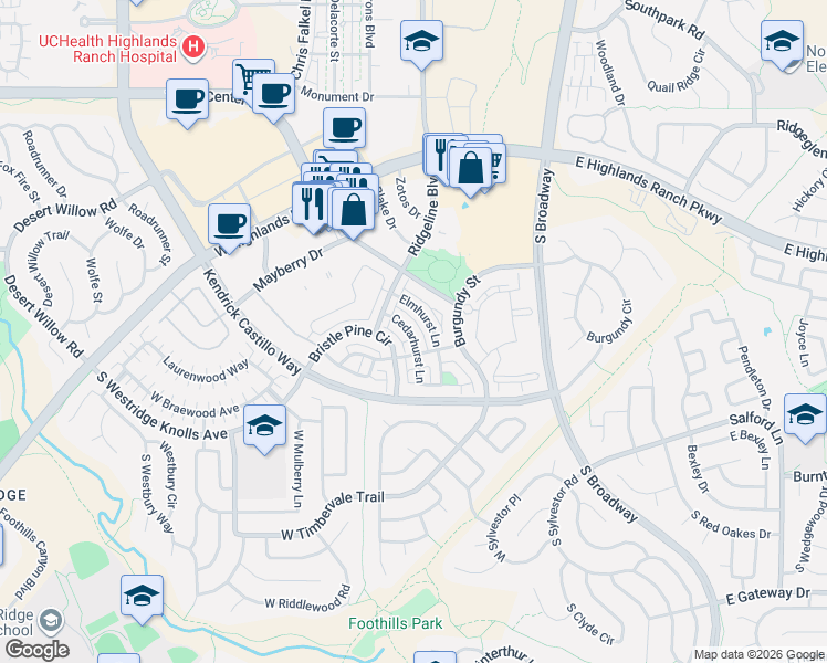 map of restaurants, bars, coffee shops, grocery stores, and more near 9461 Elmhurst Lane in Highlands Ranch