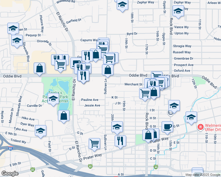 map of restaurants, bars, coffee shops, grocery stores, and more near 1410 Sullivan Lane in Sparks
