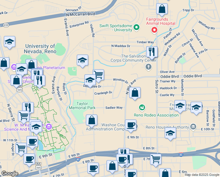 map of restaurants, bars, coffee shops, grocery stores, and more near 675 Denslowe Drive in Reno