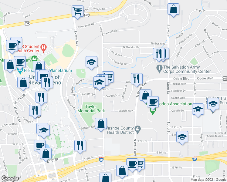 map of restaurants, bars, coffee shops, grocery stores, and more near 585 Denslowe Drive in Reno