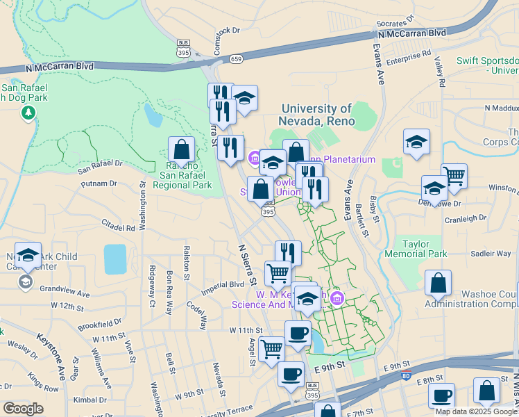 map of restaurants, bars, coffee shops, grocery stores, and more near 1500 North Virginia Street in Reno