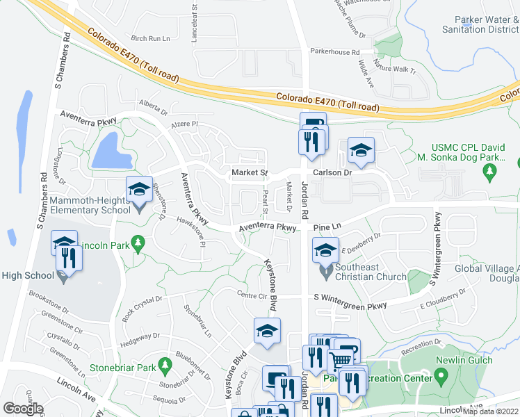 map of restaurants, bars, coffee shops, grocery stores, and more near 9591 Pearl Circle in Parker
