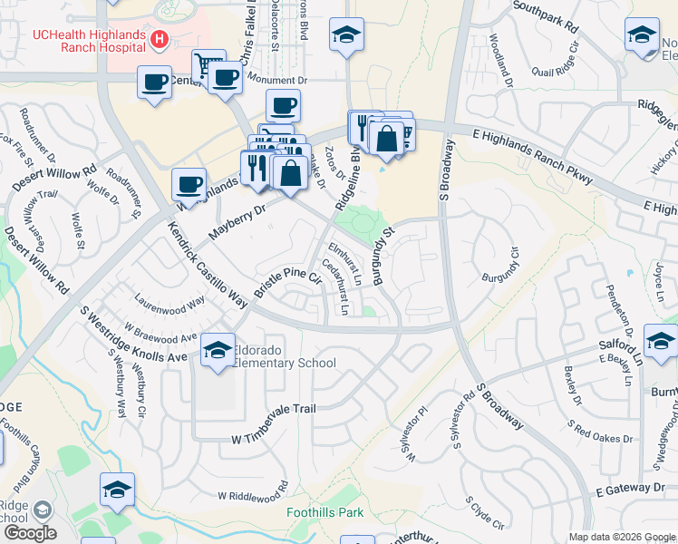 map of restaurants, bars, coffee shops, grocery stores, and more near 9492 Cedarhurst Lane in Highlands Ranch
