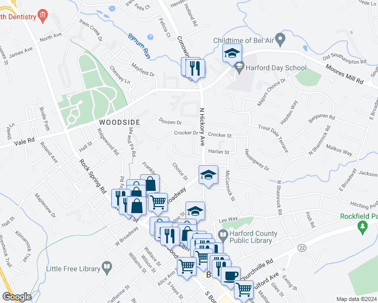 map of restaurants, bars, coffee shops, grocery stores, and more near 218 Timber Trail in Bel Air