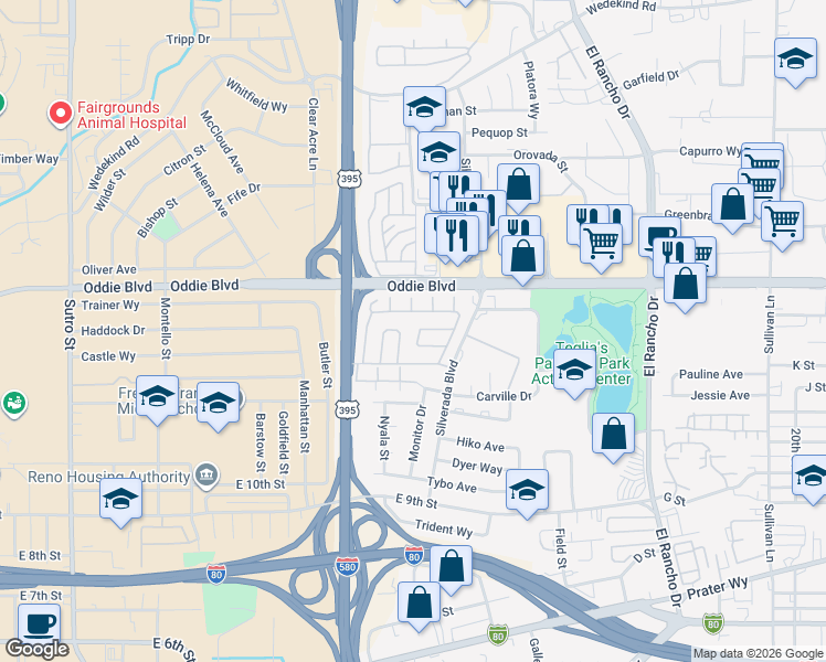 map of restaurants, bars, coffee shops, grocery stores, and more near 1331 Silverada Boulevard in Reno
