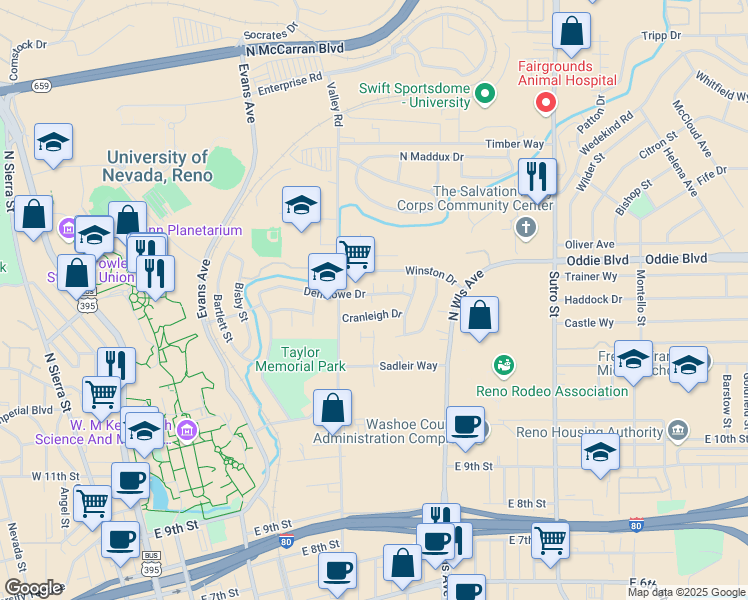 map of restaurants, bars, coffee shops, grocery stores, and more near 610 Denslowe Drive in Reno