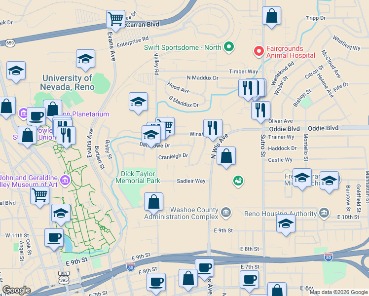 map of restaurants, bars, coffee shops, grocery stores, and more near 675 Denslowe Drive in Reno