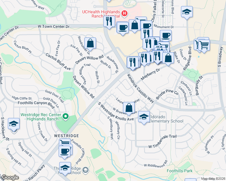 map of restaurants, bars, coffee shops, grocery stores, and more near 1451 Laurenwood Way in Littleton