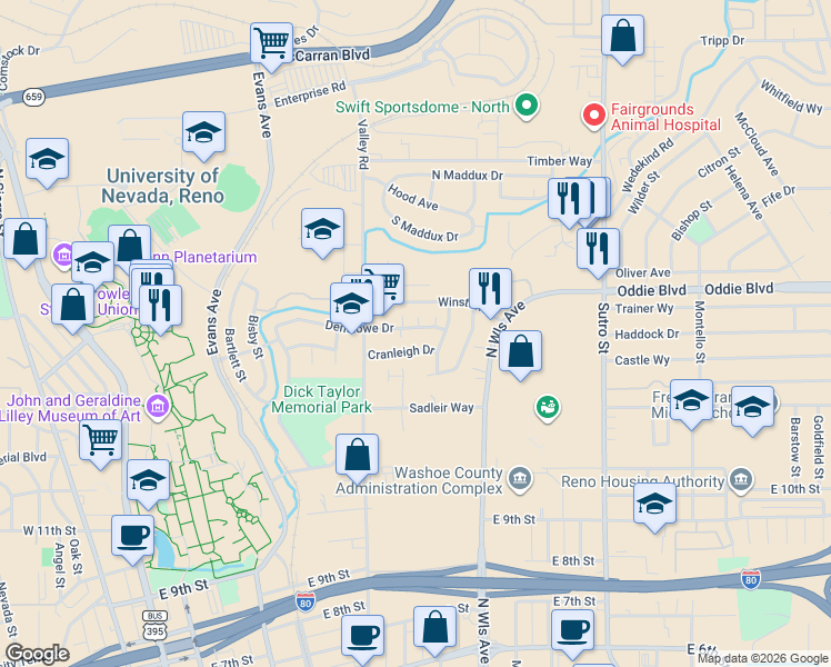 map of restaurants, bars, coffee shops, grocery stores, and more near 640 Denslowe Drive in Reno