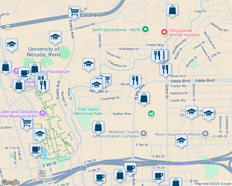 map of restaurants, bars, coffee shops, grocery stores, and more near 675 Denslowe Drive in Reno