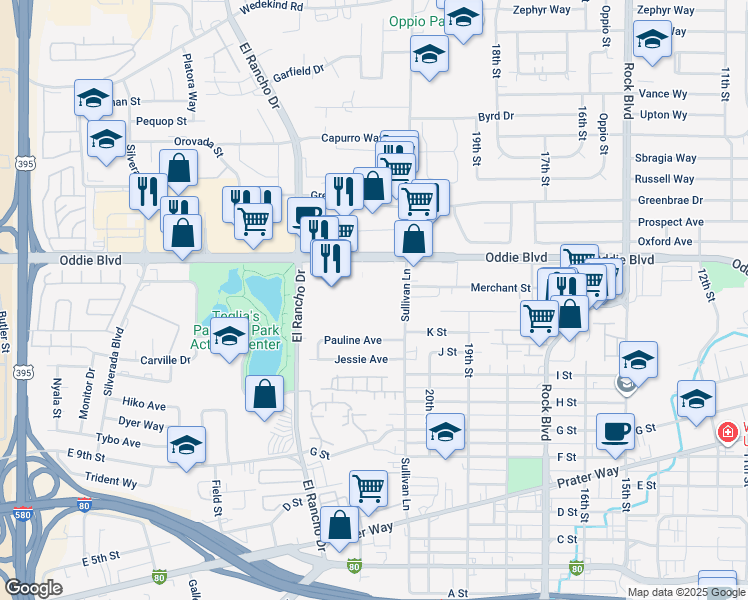 map of restaurants, bars, coffee shops, grocery stores, and more near 2125 Oddie Boulevard in Sparks