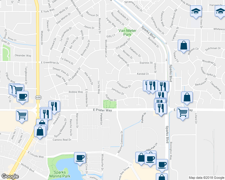 map of restaurants, bars, coffee shops, grocery stores, and more near 1223 Junction Drive in Sparks