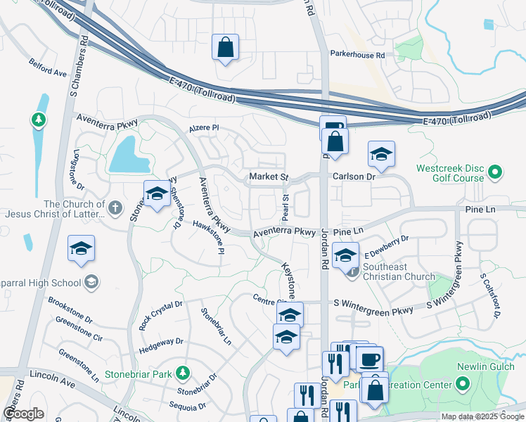 map of restaurants, bars, coffee shops, grocery stores, and more near 9551 Pearl Circle in Parker
