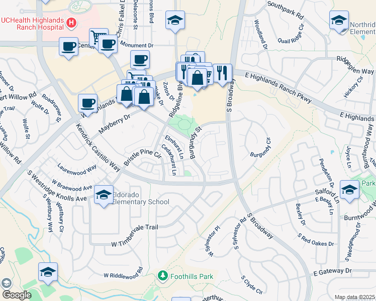 map of restaurants, bars, coffee shops, grocery stores, and more near 601 West Burgundy Street in Highlands Ranch