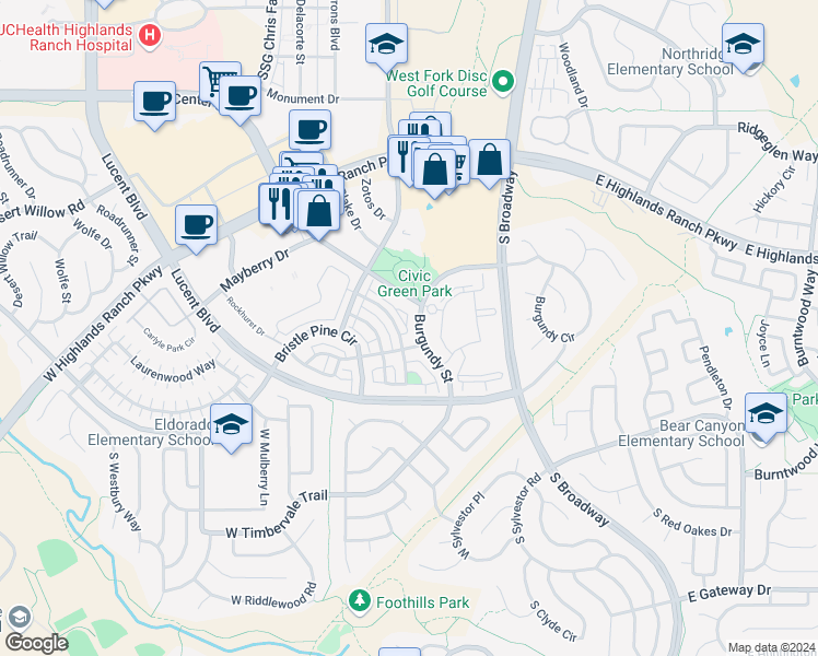 map of restaurants, bars, coffee shops, grocery stores, and more near 601 West Burgundy Street in Highlands Ranch