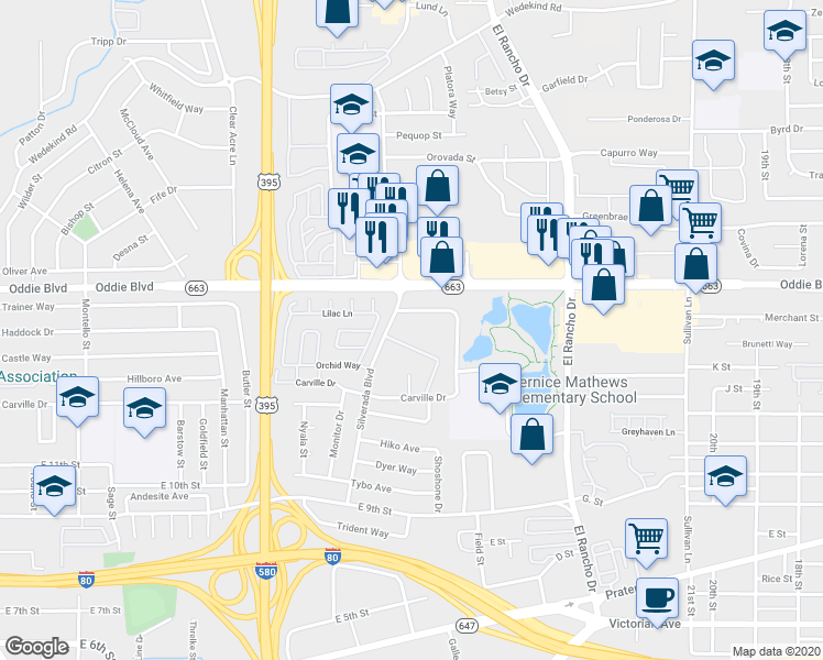 map of restaurants, bars, coffee shops, grocery stores, and more near 1680 Silverada Boulevard in Reno