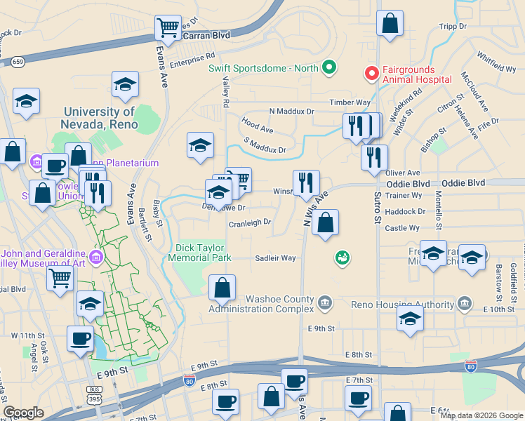 map of restaurants, bars, coffee shops, grocery stores, and more near 675 Denslowe Drive in Reno