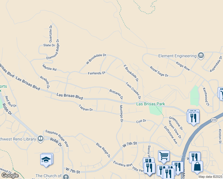 map of restaurants, bars, coffee shops, grocery stores, and more near 5531 Brittania Drive in Reno