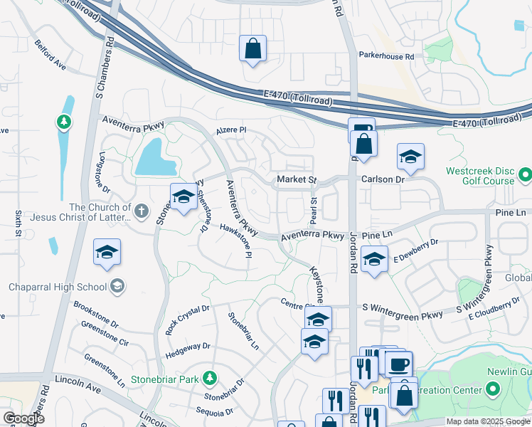 map of restaurants, bars, coffee shops, grocery stores, and more near 9498 Ashbury Circle in Parker