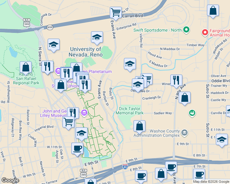 map of restaurants, bars, coffee shops, grocery stores, and more near 311 Denslowe Drive in Reno