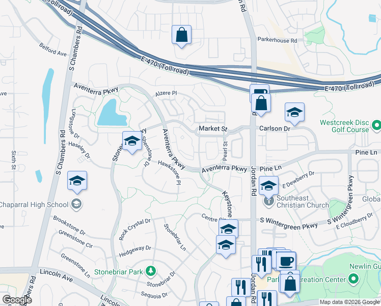 map of restaurants, bars, coffee shops, grocery stores, and more near 9382 Ashbury Circle in Parker