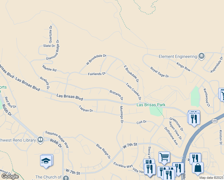 map of restaurants, bars, coffee shops, grocery stores, and more near 5531 Brittania Drive in Reno
