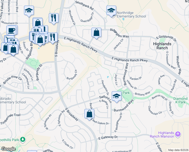 map of restaurants, bars, coffee shops, grocery stores, and more near 9448 Pendleton Drive in Littleton