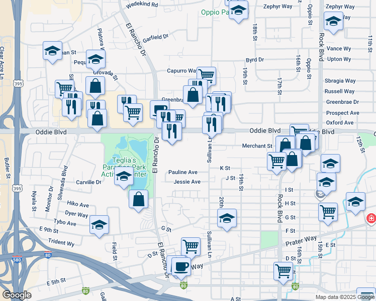 map of restaurants, bars, coffee shops, grocery stores, and more near 2125 Oddie Boulevard in Sparks