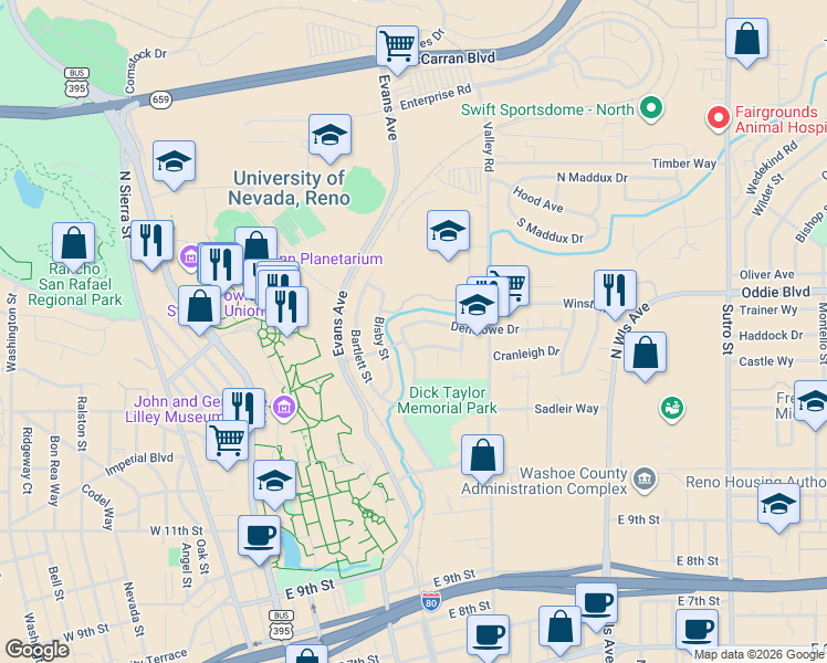 map of restaurants, bars, coffee shops, grocery stores, and more near 311 Denslowe Drive in Reno