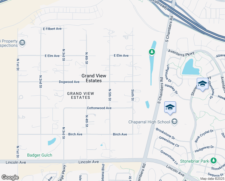 map of restaurants, bars, coffee shops, grocery stores, and more near 12583 North 5th Street in Parker