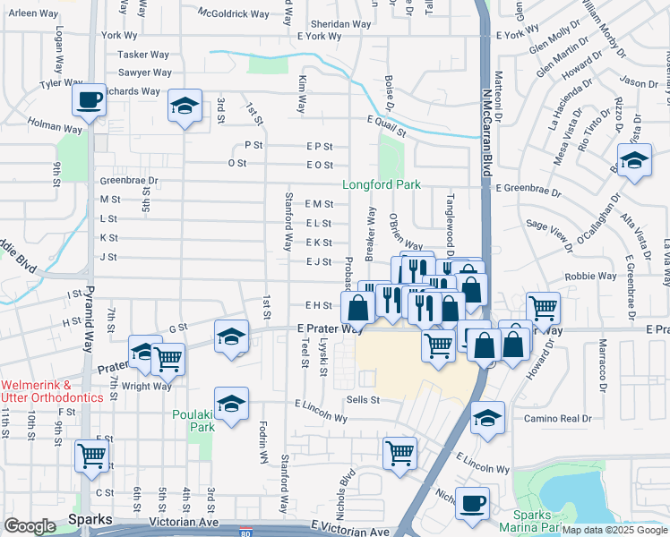 map of restaurants, bars, coffee shops, grocery stores, and more near 35 East J Street in Sparks