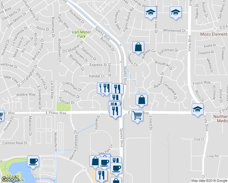 map of restaurants, bars, coffee shops, grocery stores, and more near 1450 Coupler Way in Sparks