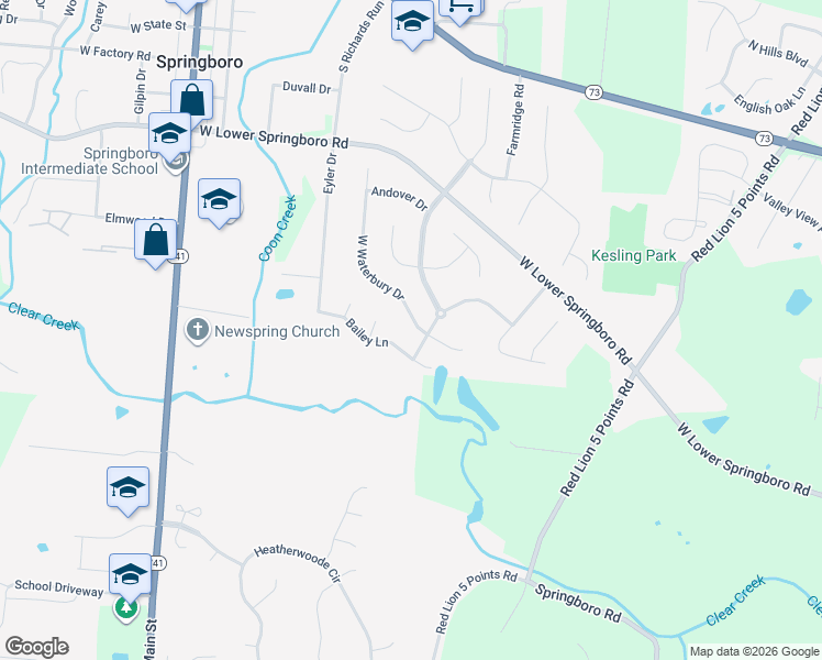 map of restaurants, bars, coffee shops, grocery stores, and more near 9 West Waterbury Drive in Springboro