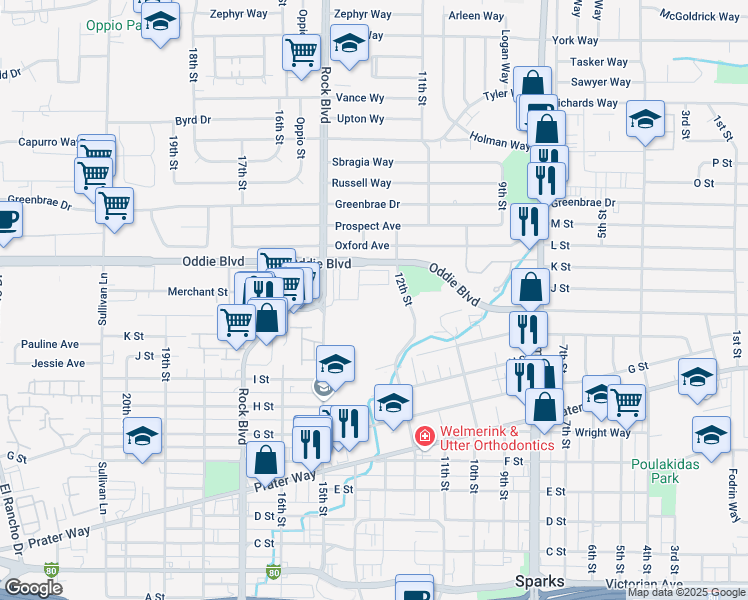 map of restaurants, bars, coffee shops, grocery stores, and more near 1135 12th Street in Sparks