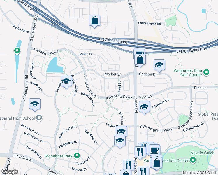 map of restaurants, bars, coffee shops, grocery stores, and more near 9551 Pearl Circle in Parker