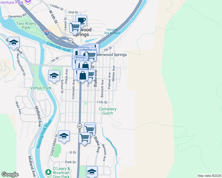 map of restaurants, bars, coffee shops, grocery stores, and more near 922 Palmer Ave in Glenwood Springs