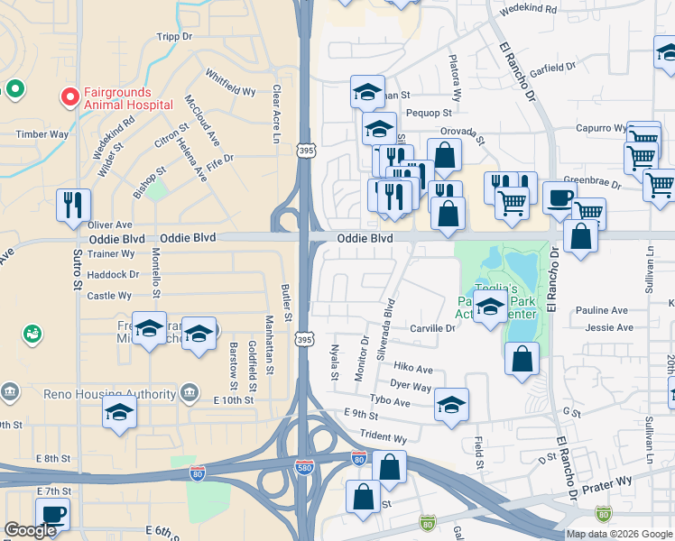 map of restaurants, bars, coffee shops, grocery stores, and more near 86-98 Lilac Lane in Reno