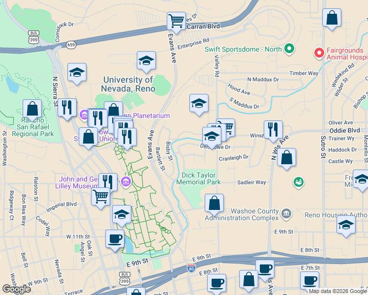 map of restaurants, bars, coffee shops, grocery stores, and more near 311 Denslowe Drive in Reno