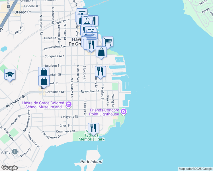 map of restaurants, bars, coffee shops, grocery stores, and more near 415a Market Street in Havre de Grace