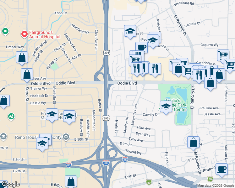 map of restaurants, bars, coffee shops, grocery stores, and more near 86-98 Lilac Lane in Reno