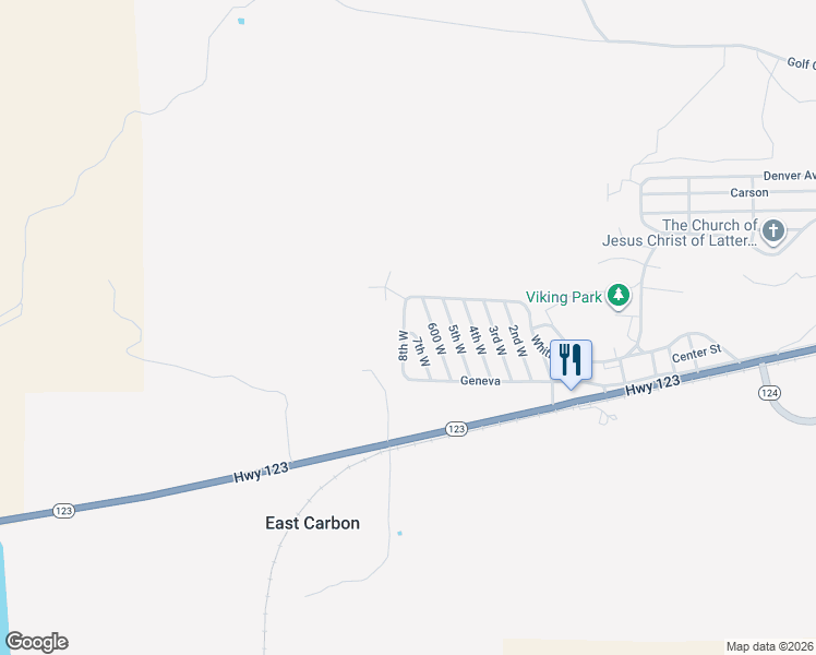 map of restaurants, bars, coffee shops, grocery stores, and more near 121 8th West in East Carbon